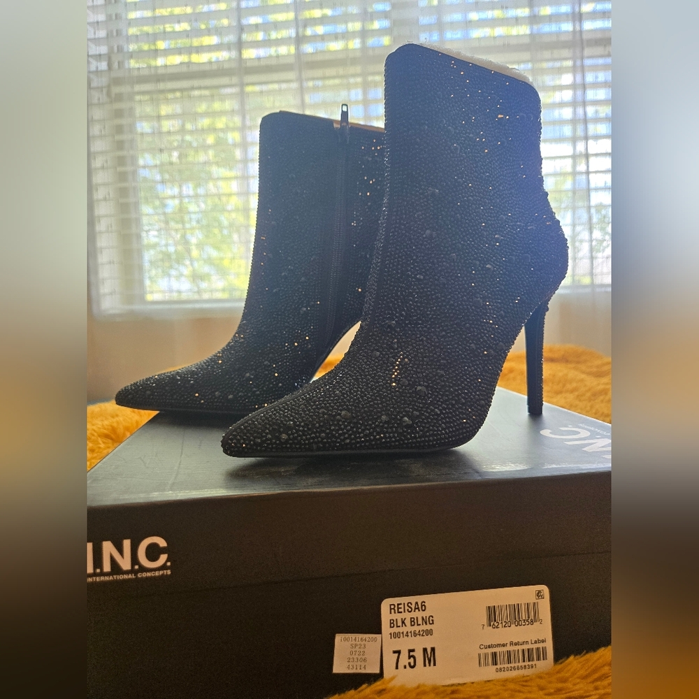 INC International Concepts Black BLING Embellished Pointed-Toe Stiletto Booties